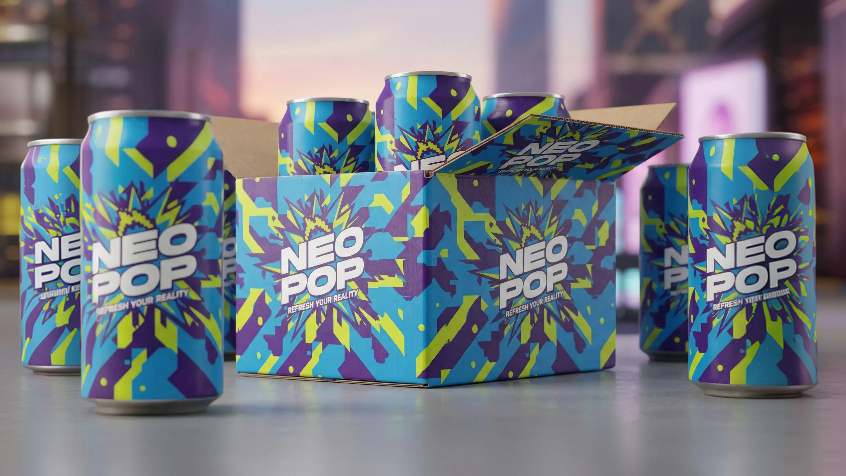 A branded shipping box filled with Neo Pop cans, showcasing the high-energy visual identity of the rebrand.