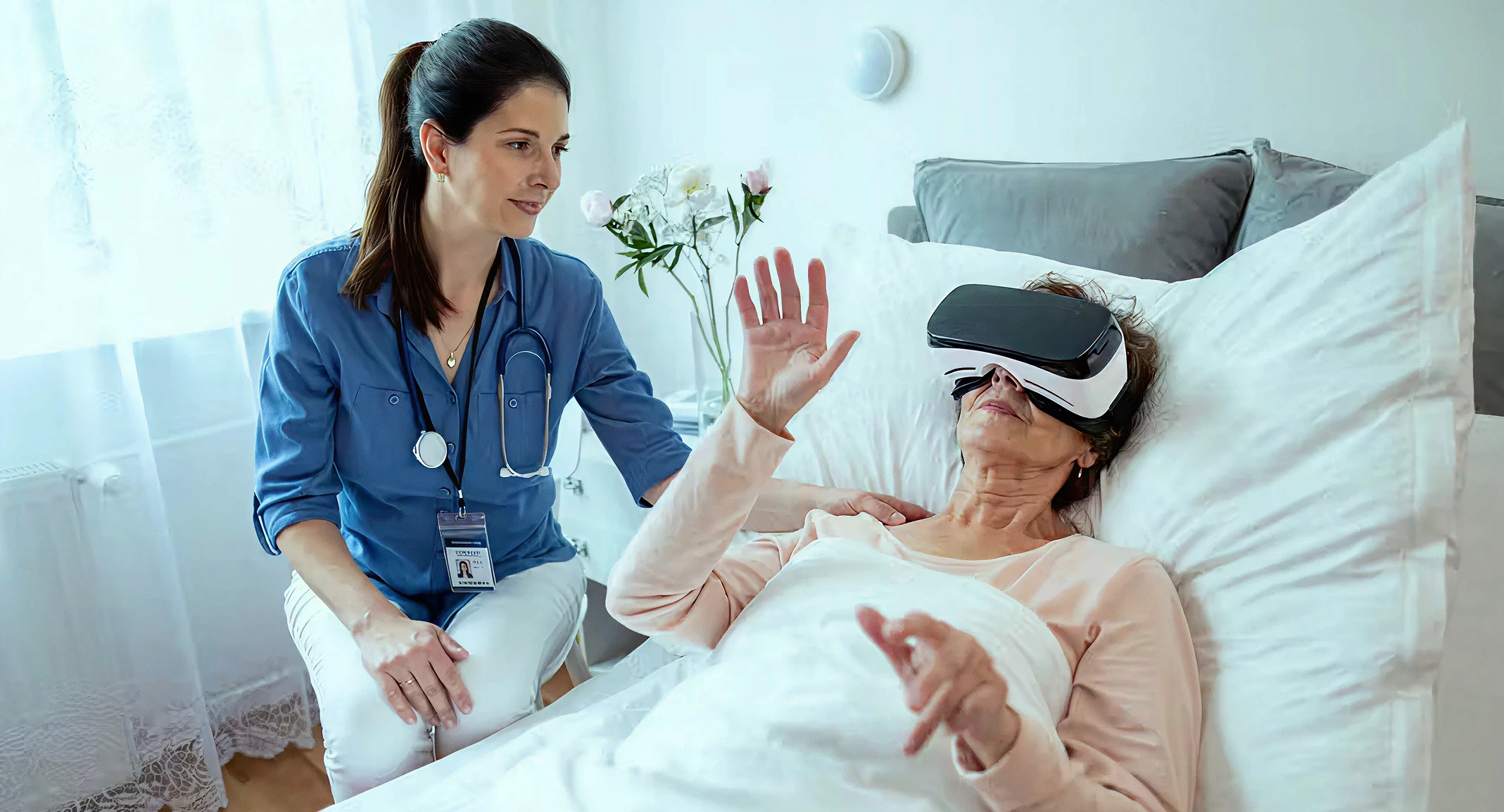 Virtual reality patient care applications for dementia, pediatric and palliative care patients in clinical settings.