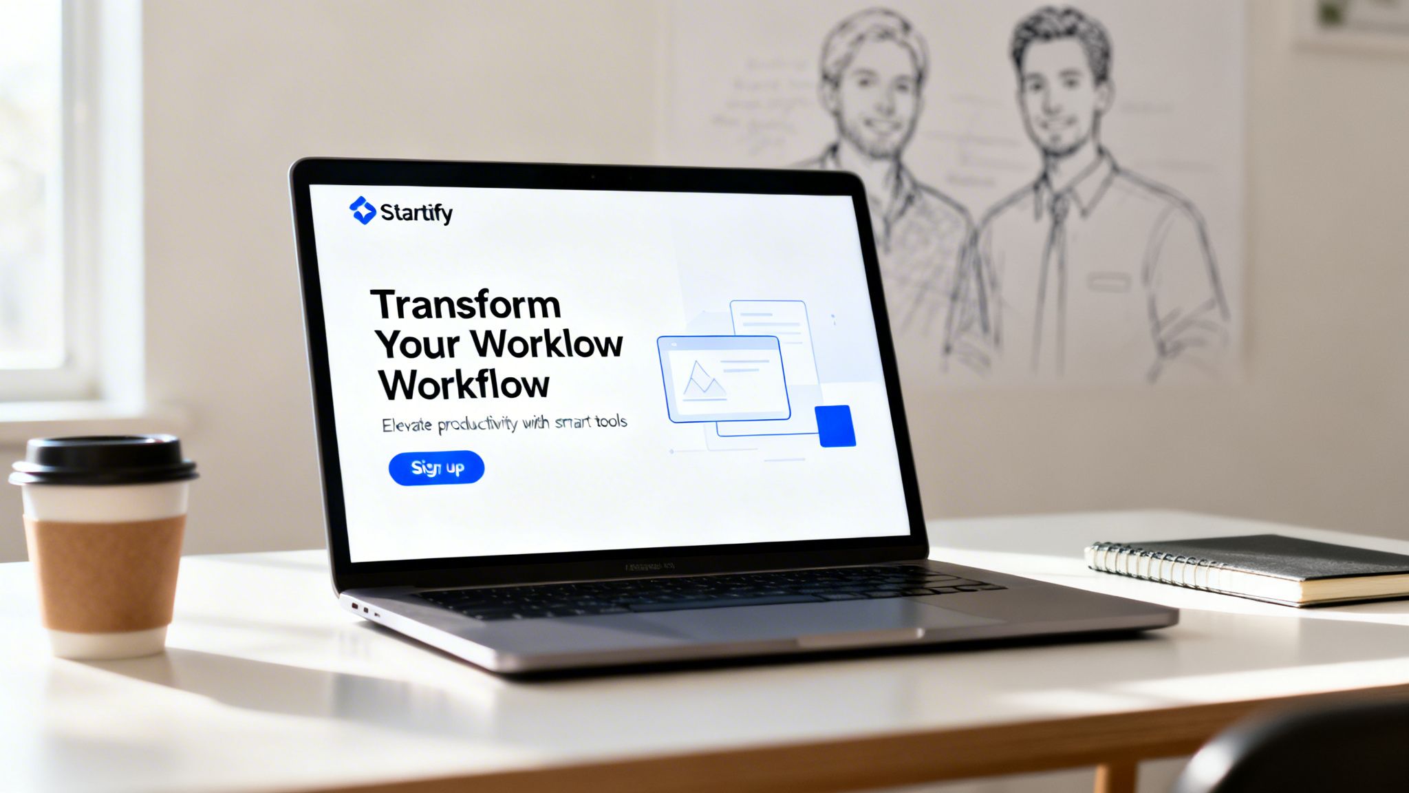 A laptop on a white desk displaying a Startify landing page, next to a coffee cup and notebook.