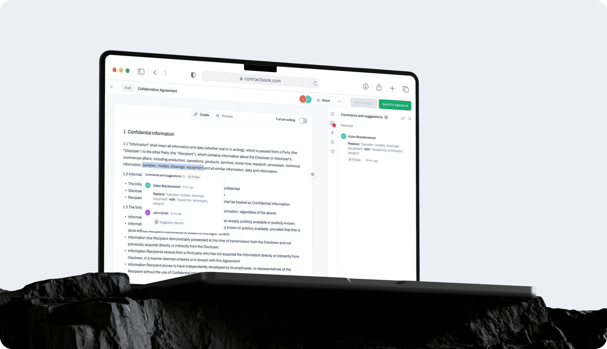 Laptop screen with a contract open, showing highlighted text and comments suggesting edits.