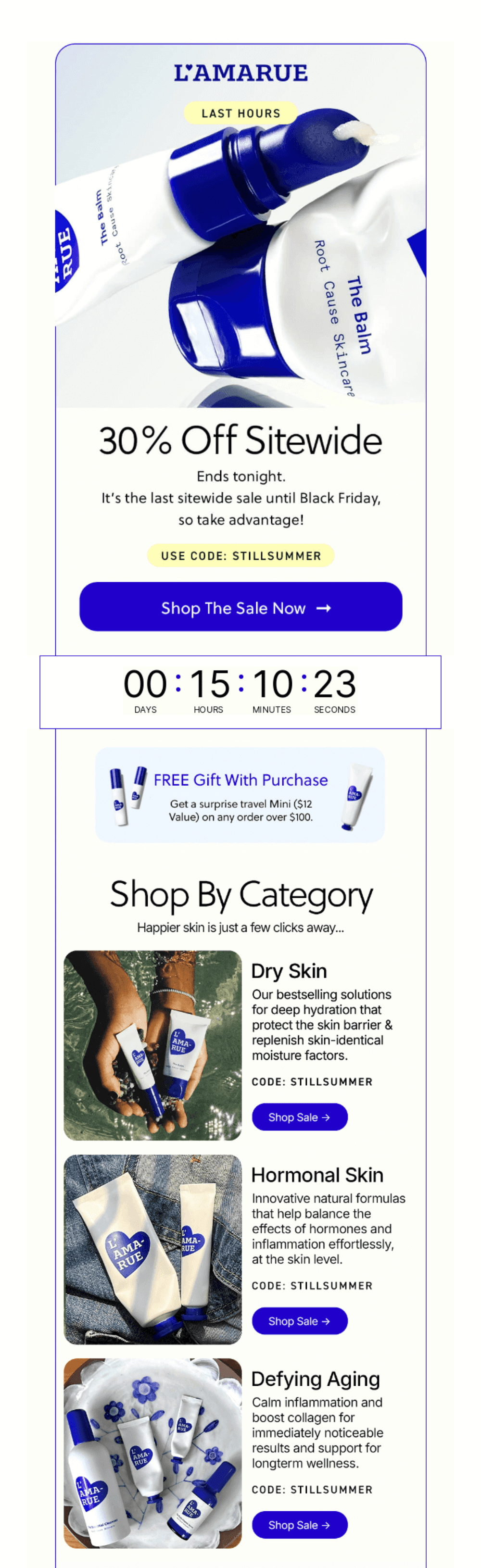 L’AMARUE Countdown Email: "An email showcasing a countdown timer and a 30% off sitewide promotion. Features skincare products and a ‘shop by category’ section, highlighting solutions for dry skin, hormonal skin, and aging."