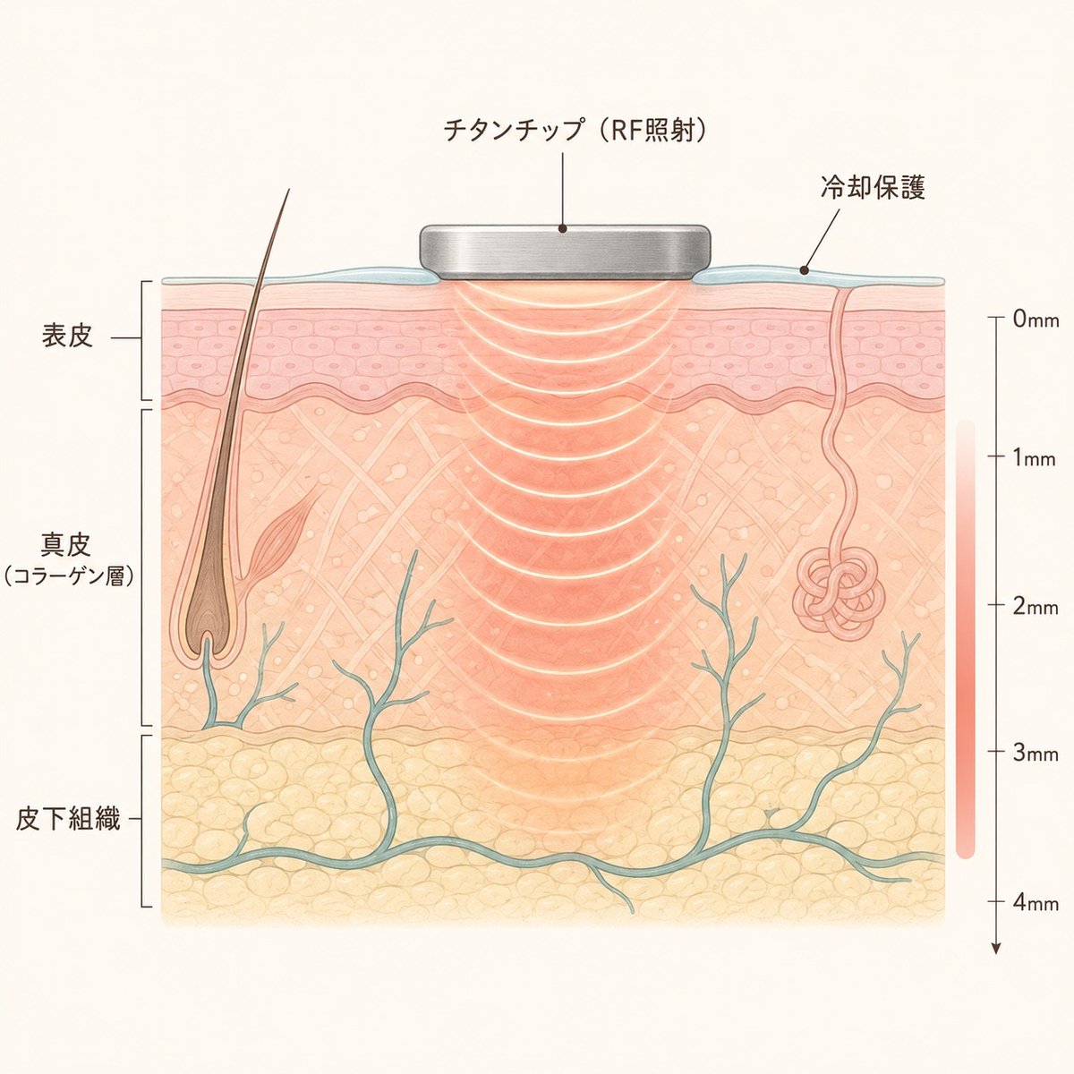 チタンリフティングのRFエネルギーが真皮層のコラーゲンにはたらきかける仕組みのイラスト
