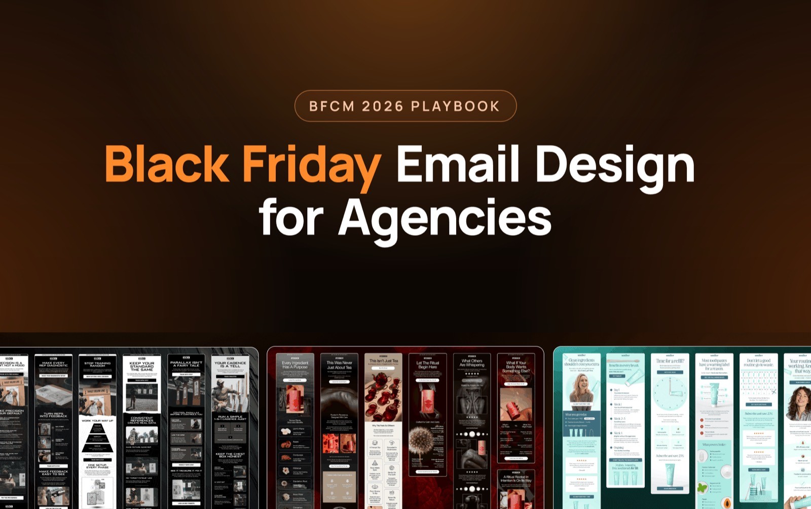 Black Friday email design for agencies: BFCM playbook cover with ecom email design examples