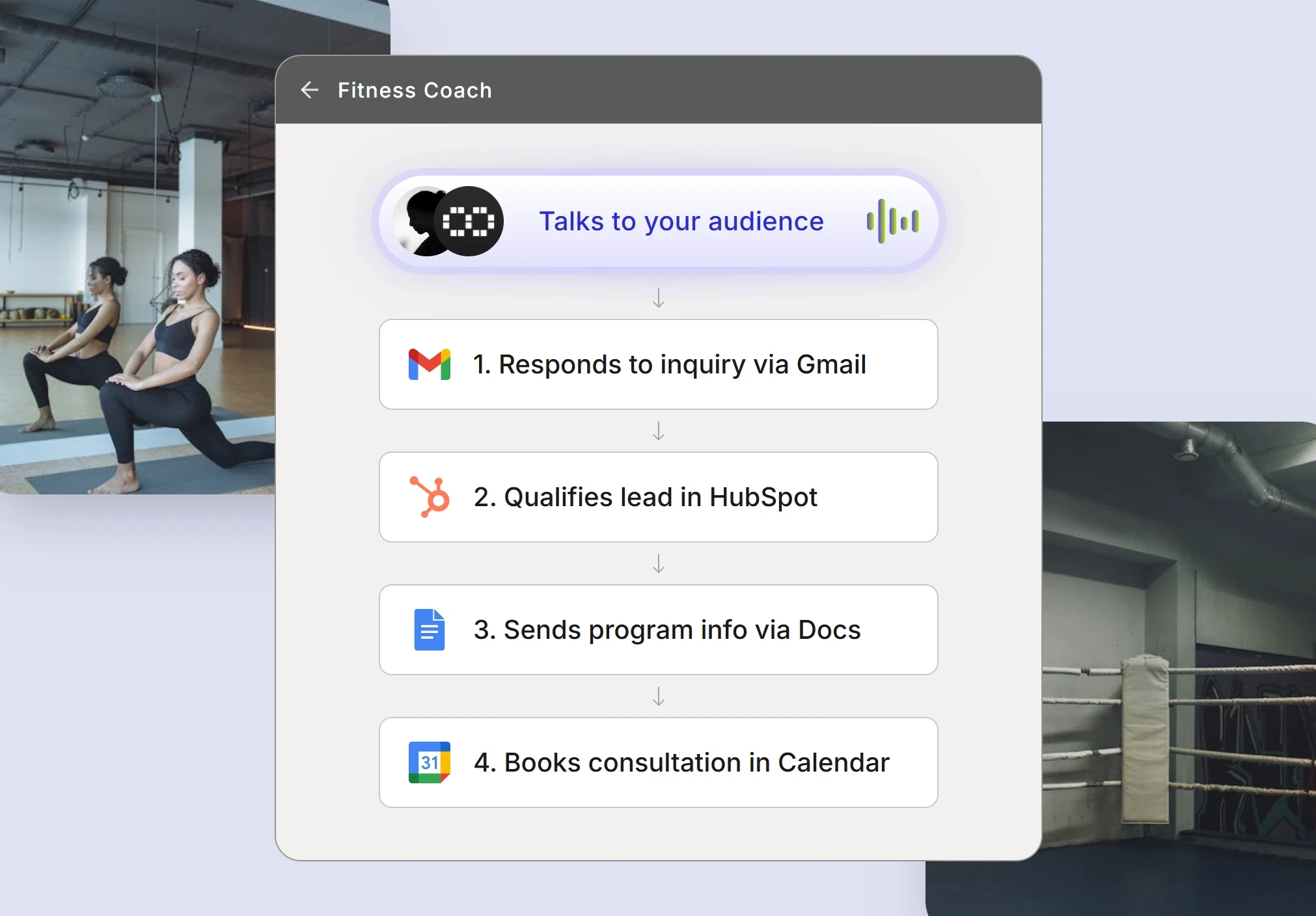 AI-powered fitness coach assistant workflow showing qualification and booking steps