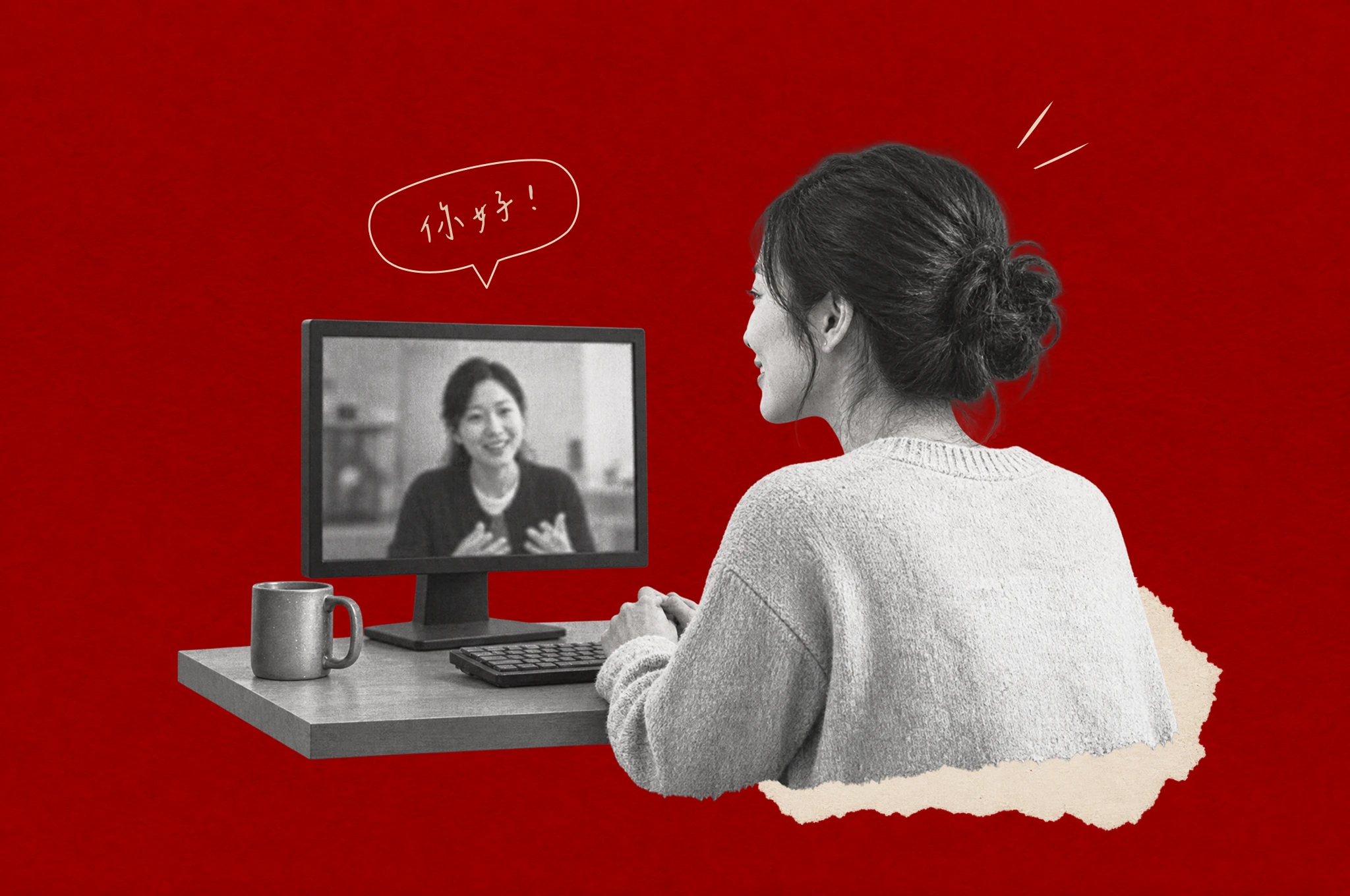 A woman taking an online Cantonese lesson with a tutor on screen, with a handwritten 你好 (nei5 hou2, “hello”) greeting in a cream speech bubble on a red paper background.