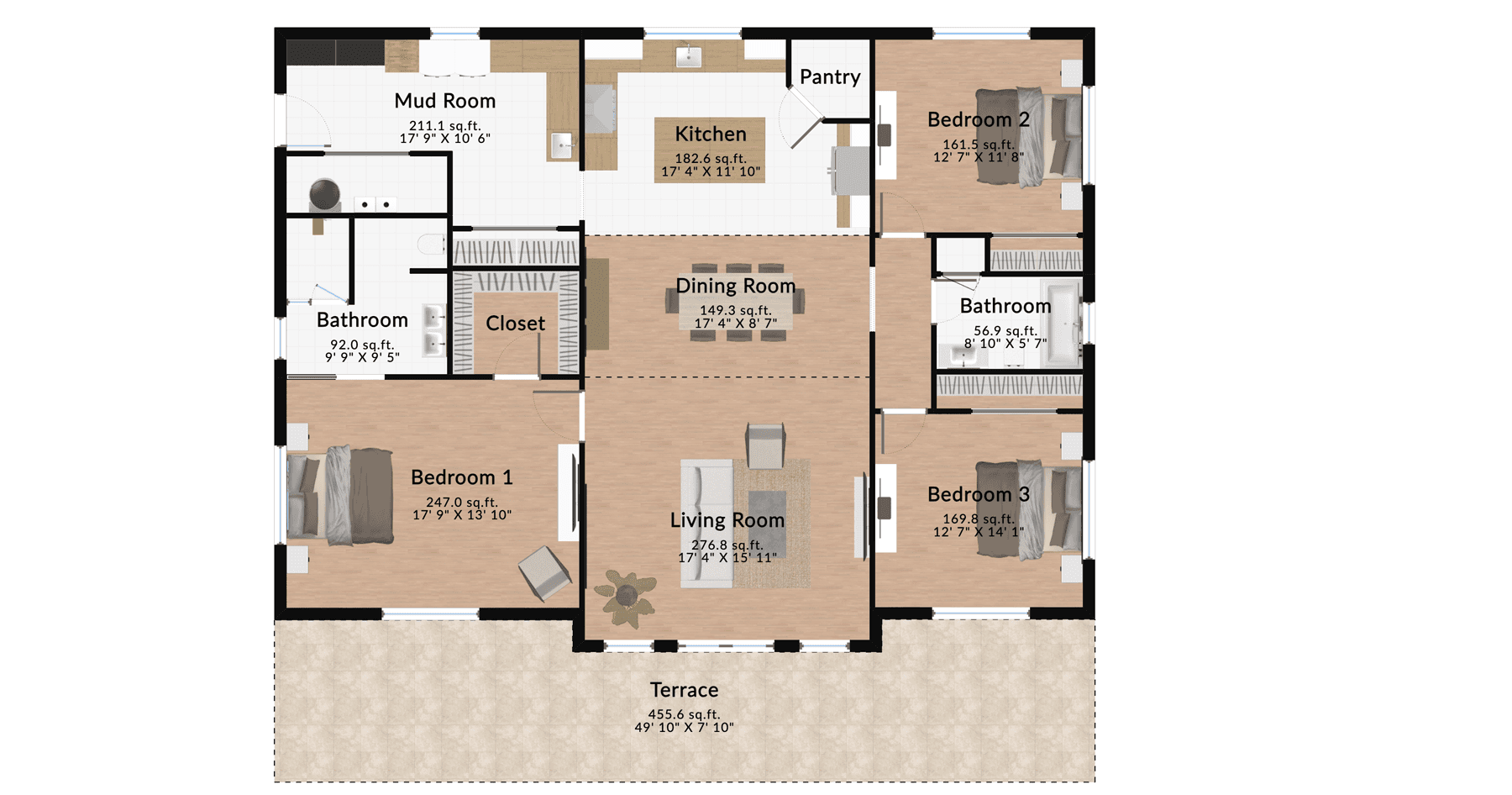 Furnished three-bedroom house layout with a cozy living area, well-equipped kitchen, spacious bedrooms, and an inviting dining space.