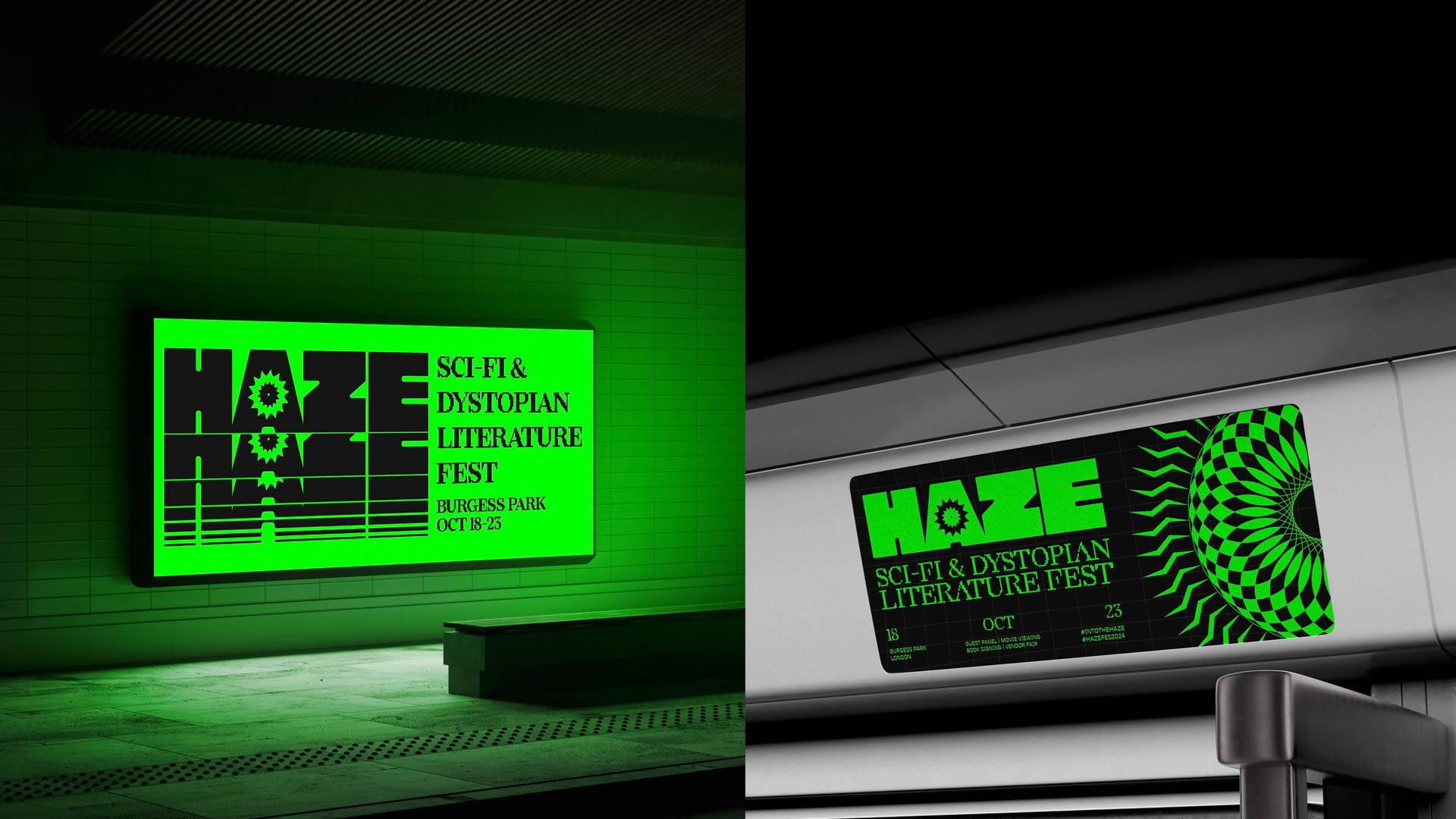 Green typographic posters for a festival called HAZE
