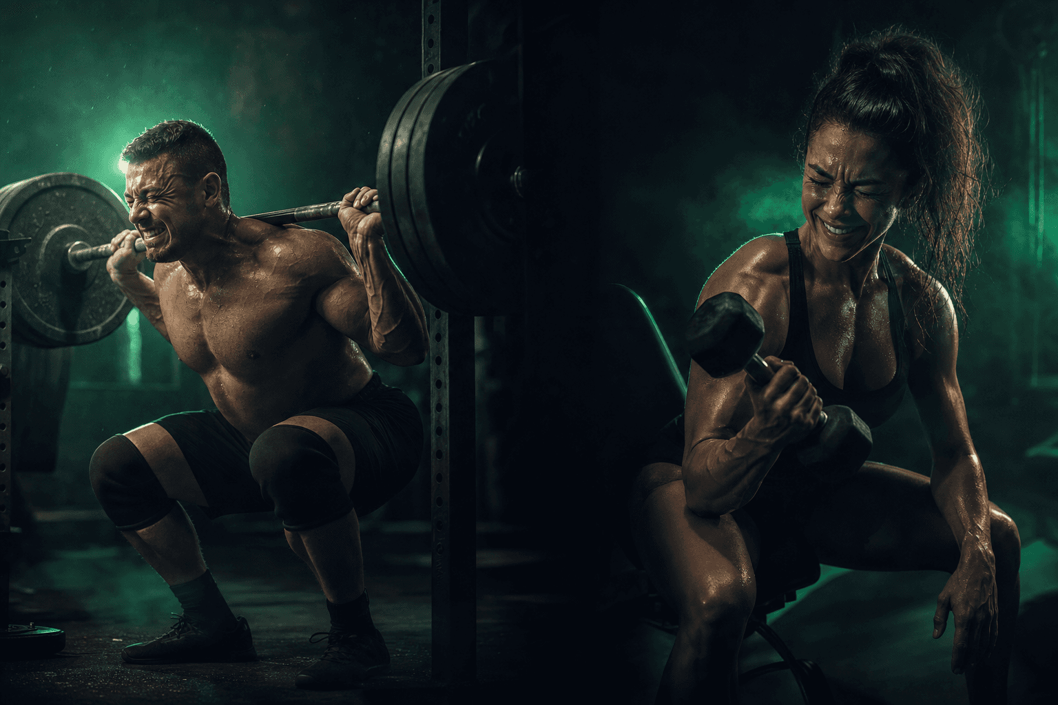 Split editorial image contrasting a lifter straining under a heavy barbell with a lifter grinding out high-rep sets to failure, both showing maximal effort