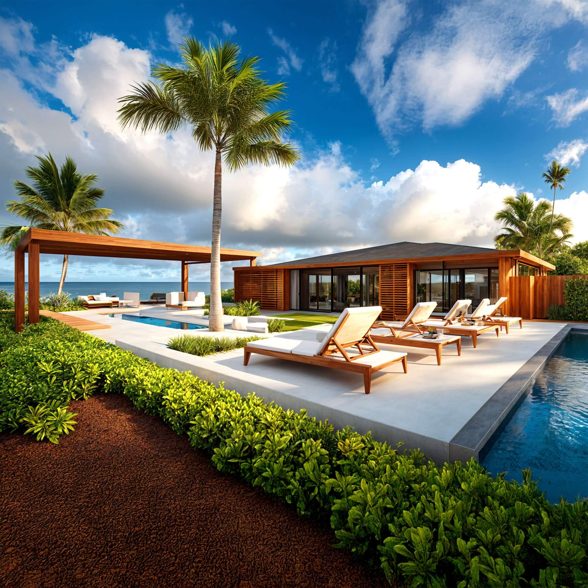 Luxury coastal outdoor space featuring modern lounge chairs, a poolside pergola, lush greenery, and ocean views framed by tall palm trees.