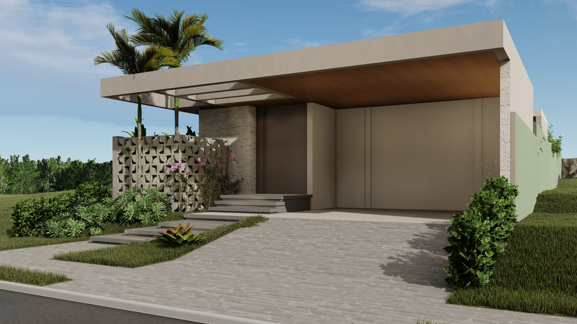 Nesse projeto, o destaque são os cobogós que percorrem a casa, inclusive o corredor. A sombra que eles projetam no piso muda conforme o sol e deixa o ambiente mais aconchegante.  Como complemento, a casa traz materiais naturais como a pedra e a madeira, que equilibram a composição e reforçam a conexão com a natureza.  Para a área gourmet, projetamos uma ilha de mármore, mesa redonda e aberta direto pro jardim, sendo uma área de lazer que se íntegra com a natureza. Inclusive, um detalhe é que a cozinha e o lado de fora dividem o mesmo teto de madeira.