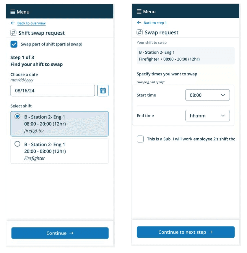 Shift swap step 1 screens