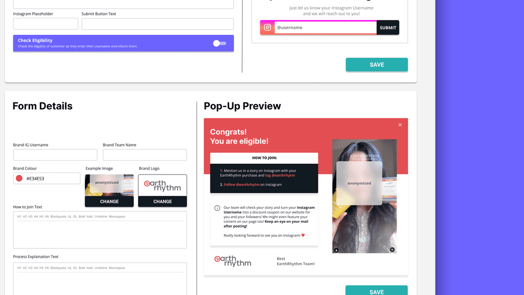 An image of EarthRhythm matching their implementation of InfluencerBit with their brand colors