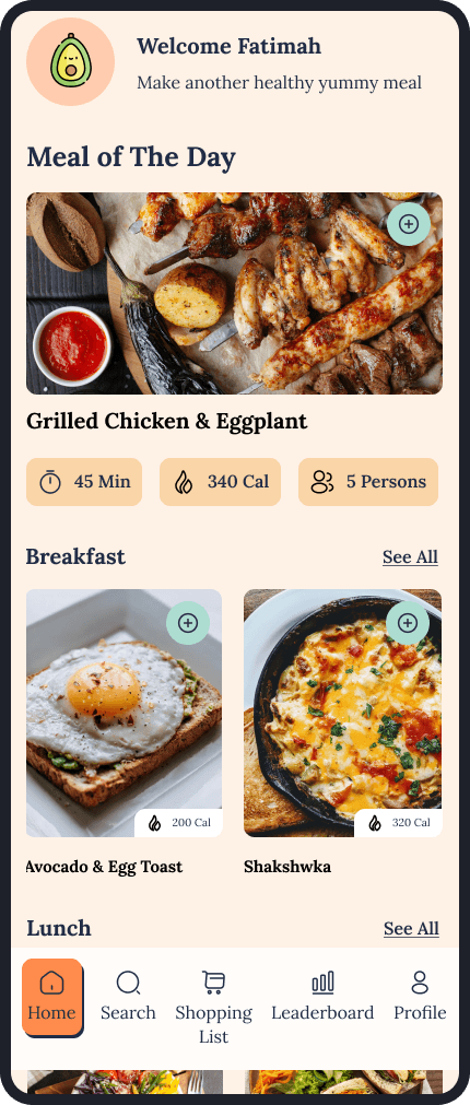 picture of app ui design demonstrating the ability for the users to create their collections of meals and to their weekly meals plan