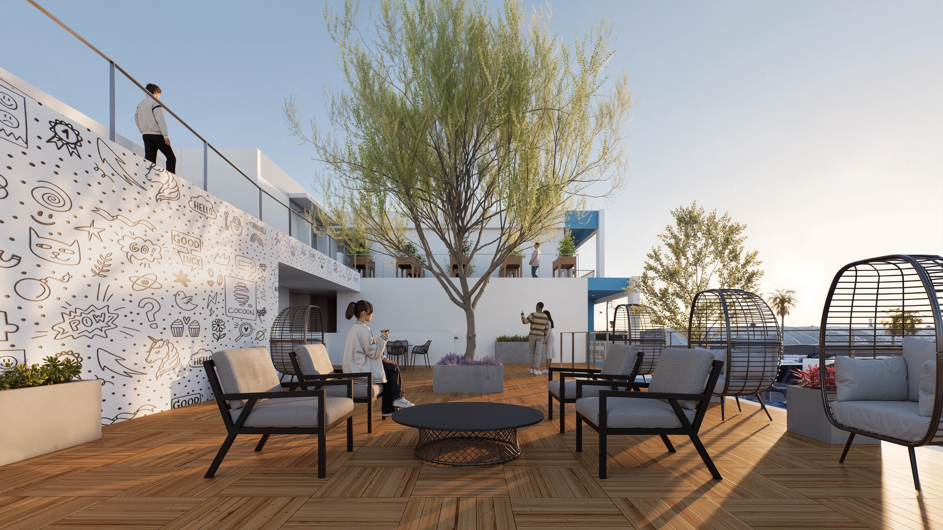 Rooftop terrace at Cocoon 121 featuring panoramic views of the South Bay Los Angeles skyline.