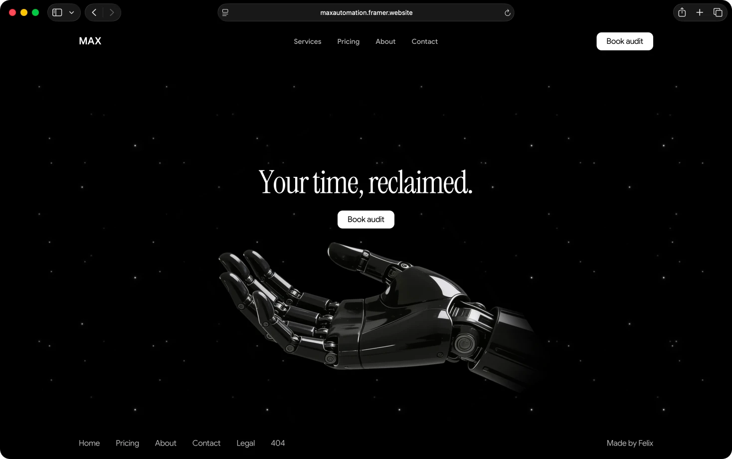 Avslutssektionen ”Your time, reclaimed” i MAX-mallen med en svart robothand mot ett stjärnfält.