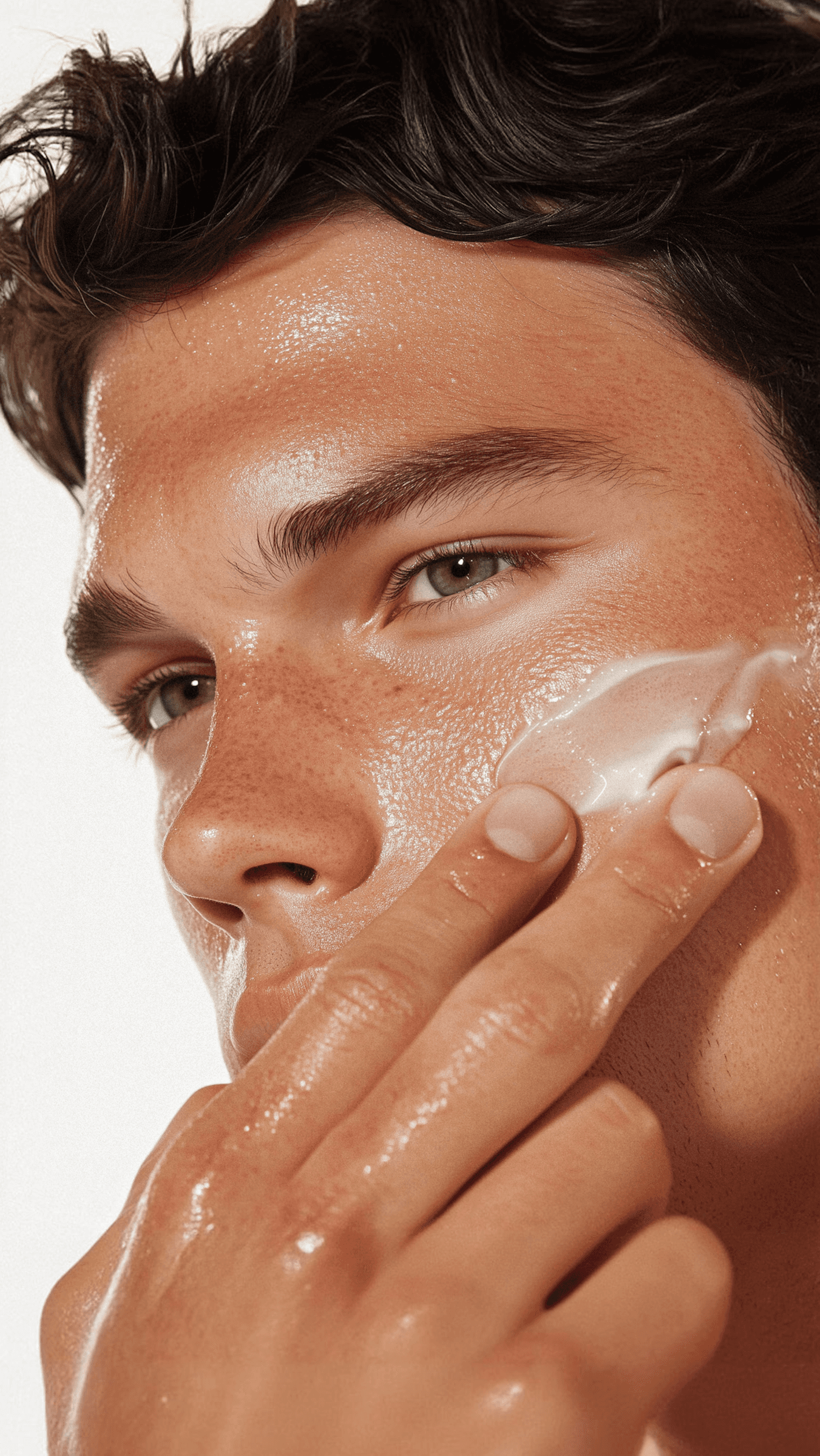 Man applying face moisturizer on clean skin.