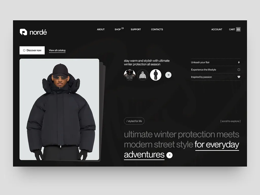 Ecommerce website hero for Nordé featuring a model wearing a black winter jacket, highlighting modern streetwear style and cold-weather protection.