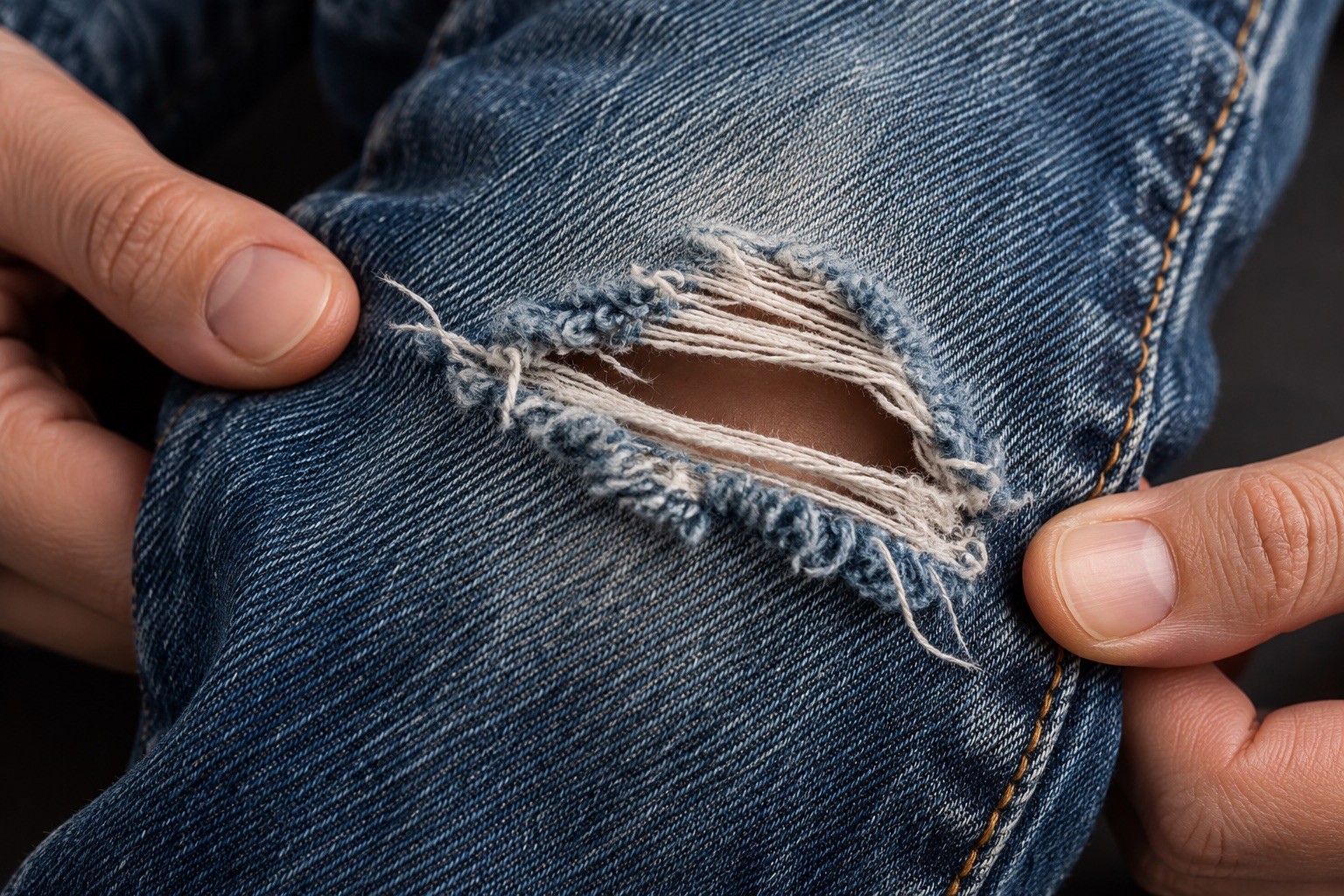 Des doigts maintiennent à plat le denim autour d’un trou effiloché au genou d’un pantalon.