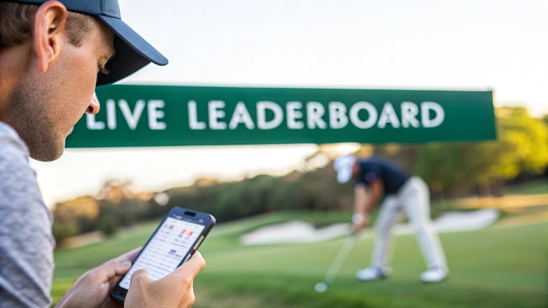 A man checks live golf scores on a smartphone app at a tournament with a 'LIVE LEADERBOARD' sign.