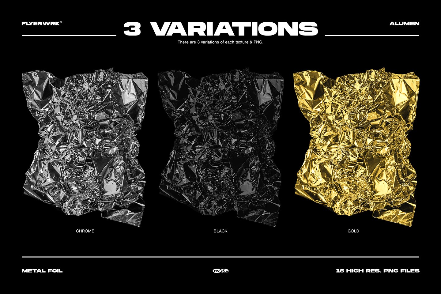 Alumen metal foil textures showing three variations of crumpled foil in chrome black and gold
