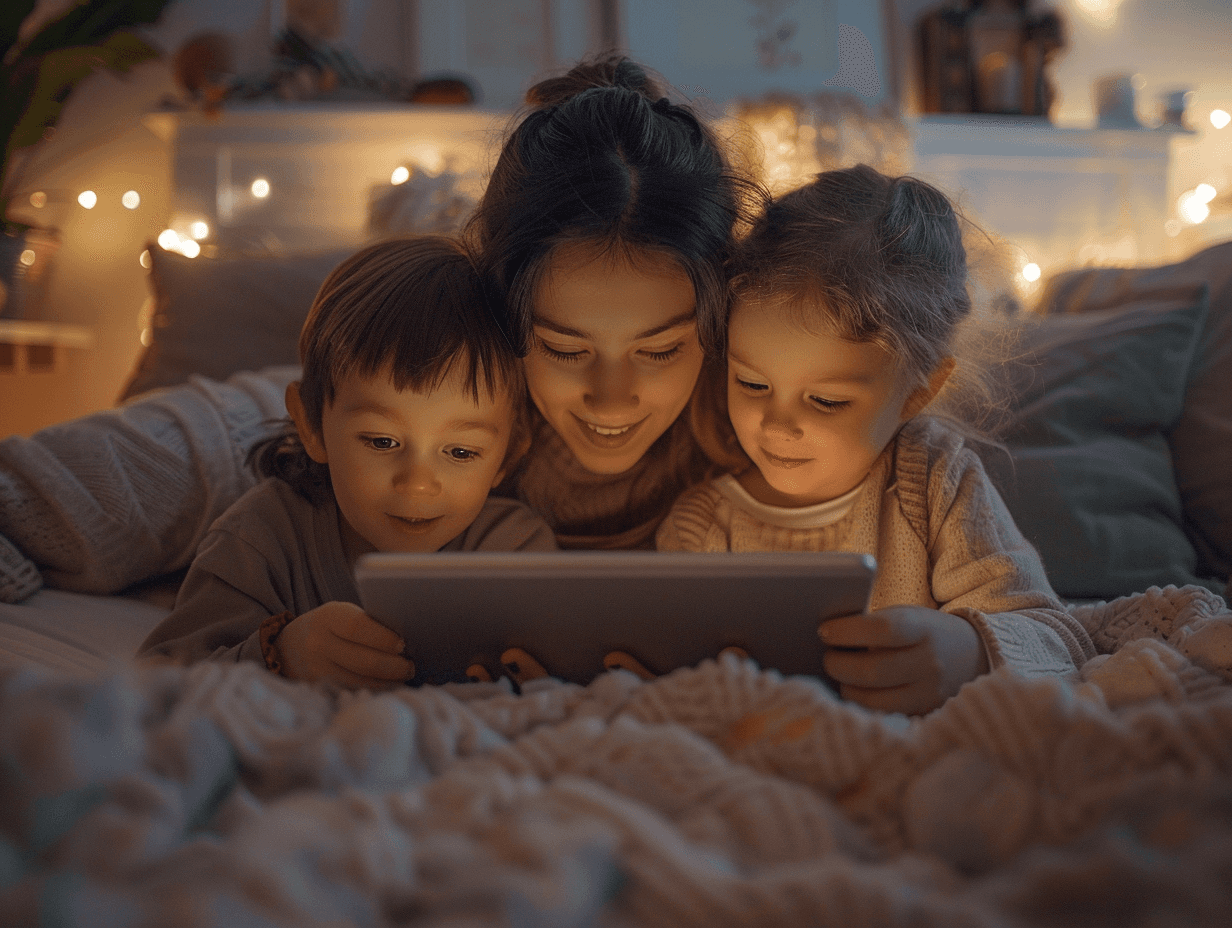 Family enjoying a CYOA digital story together during reading time