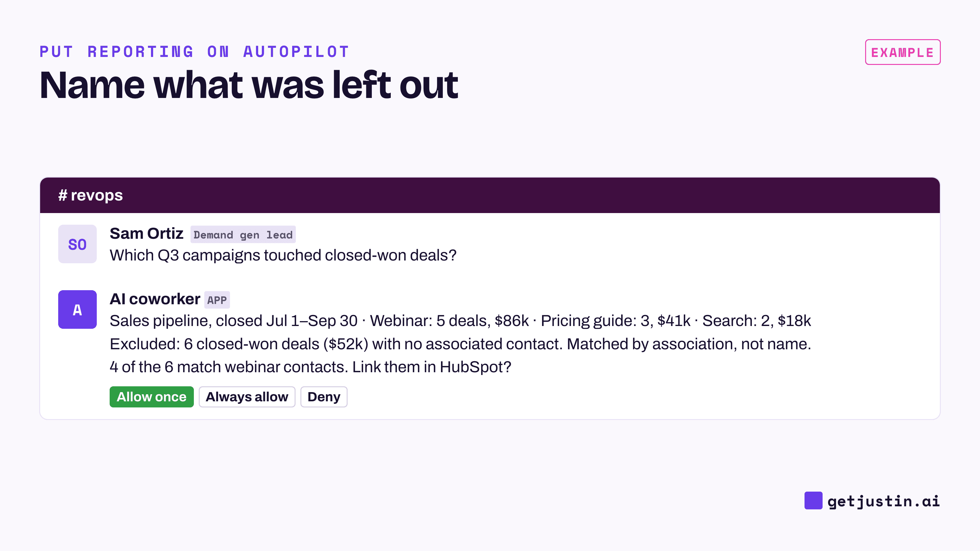 Example thread: the AI coworker lists Q3 campaigns by closed-won revenue, then names six deals it couldn’t link.