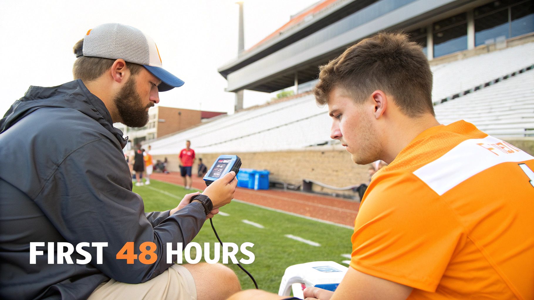 Athletic trainer using handheld device to assess athlete in orange jersey on football field