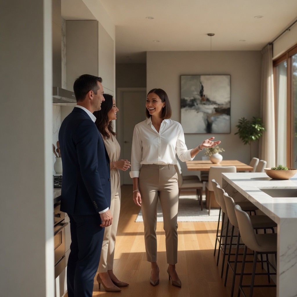 real estate agent showing clients kitchen