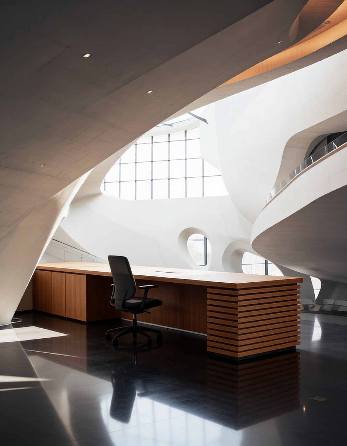 Overhead view of curved white walkways beneath a large skylit ceiling