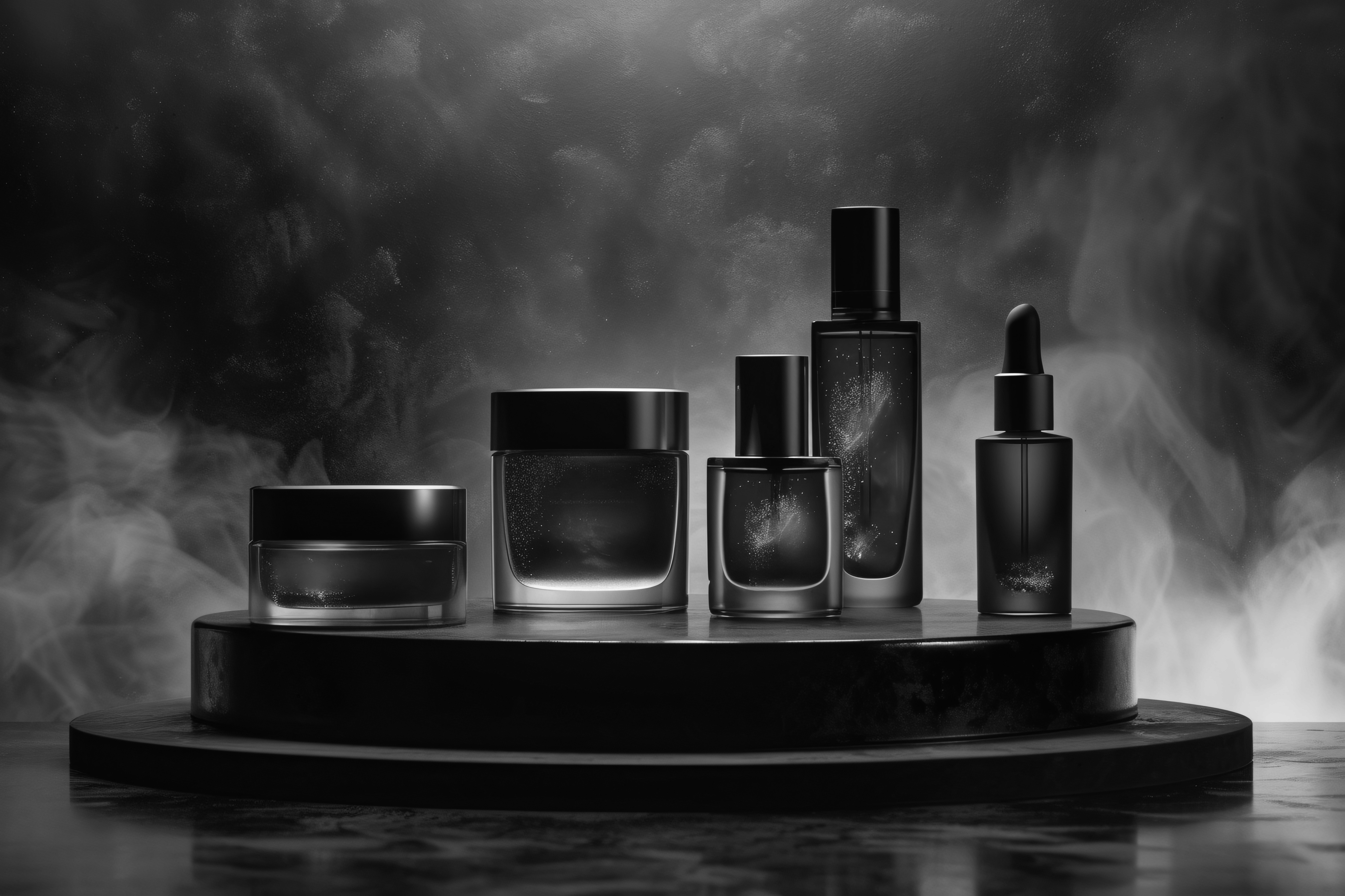 Black and white display of cosmetic items on a pedestal.