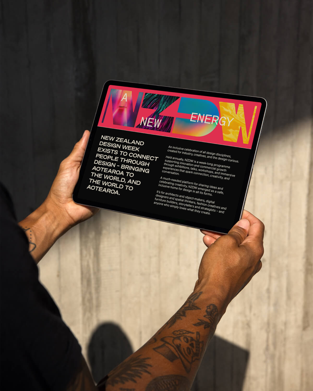 High-end mock-up of tablet device showing landing web page of New Zealand Design Week, by graphic designer Carl Dixon, for New Zealand Design Week, a major showcase of exhibitions, talks, workshops, and immersive experiences of all design disciplines, created for industry, creatives, and the design-curious.