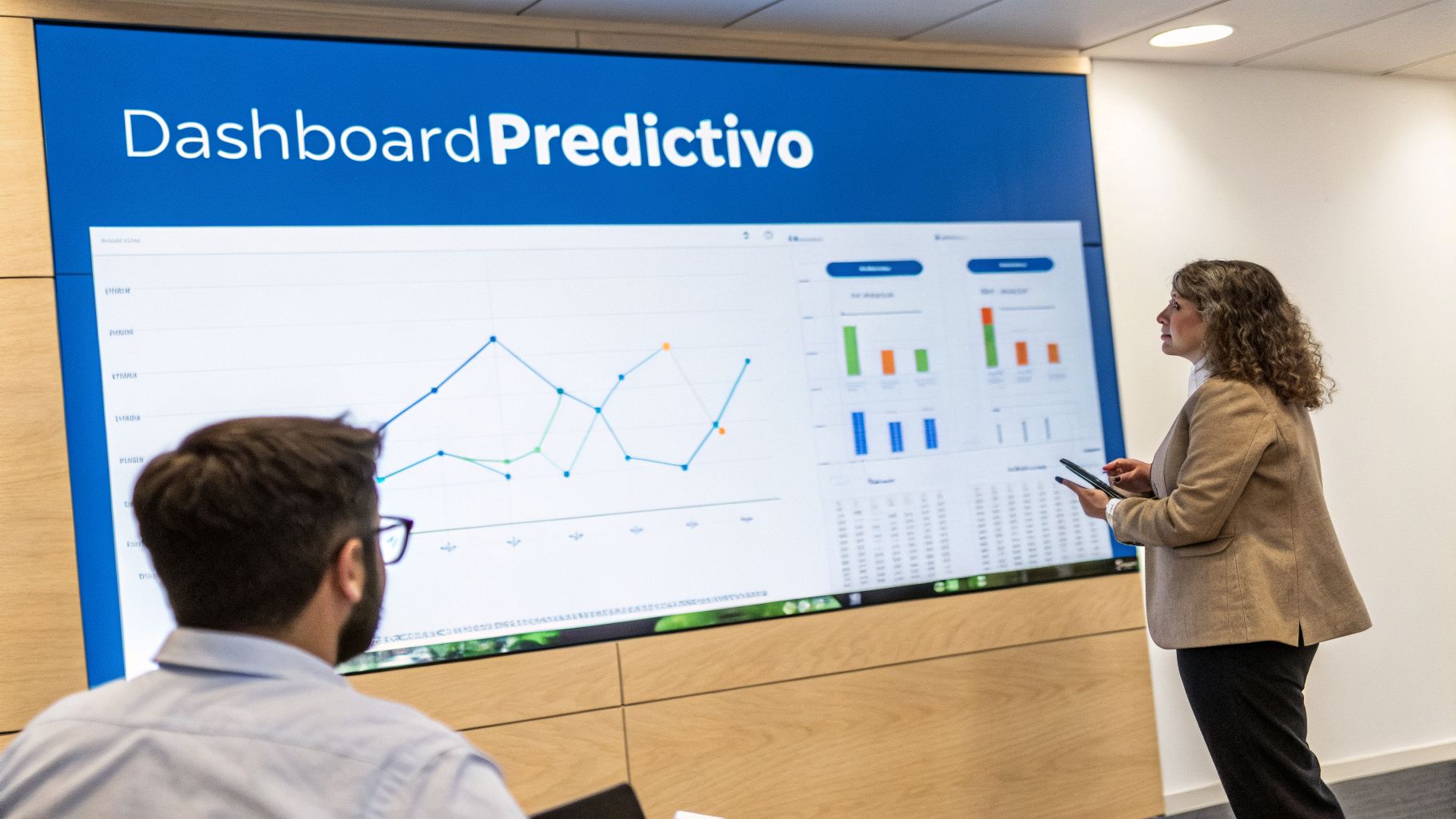 Profesionales analizan un dashboard predictivo con gráficos y datos de ventas en una reunión.