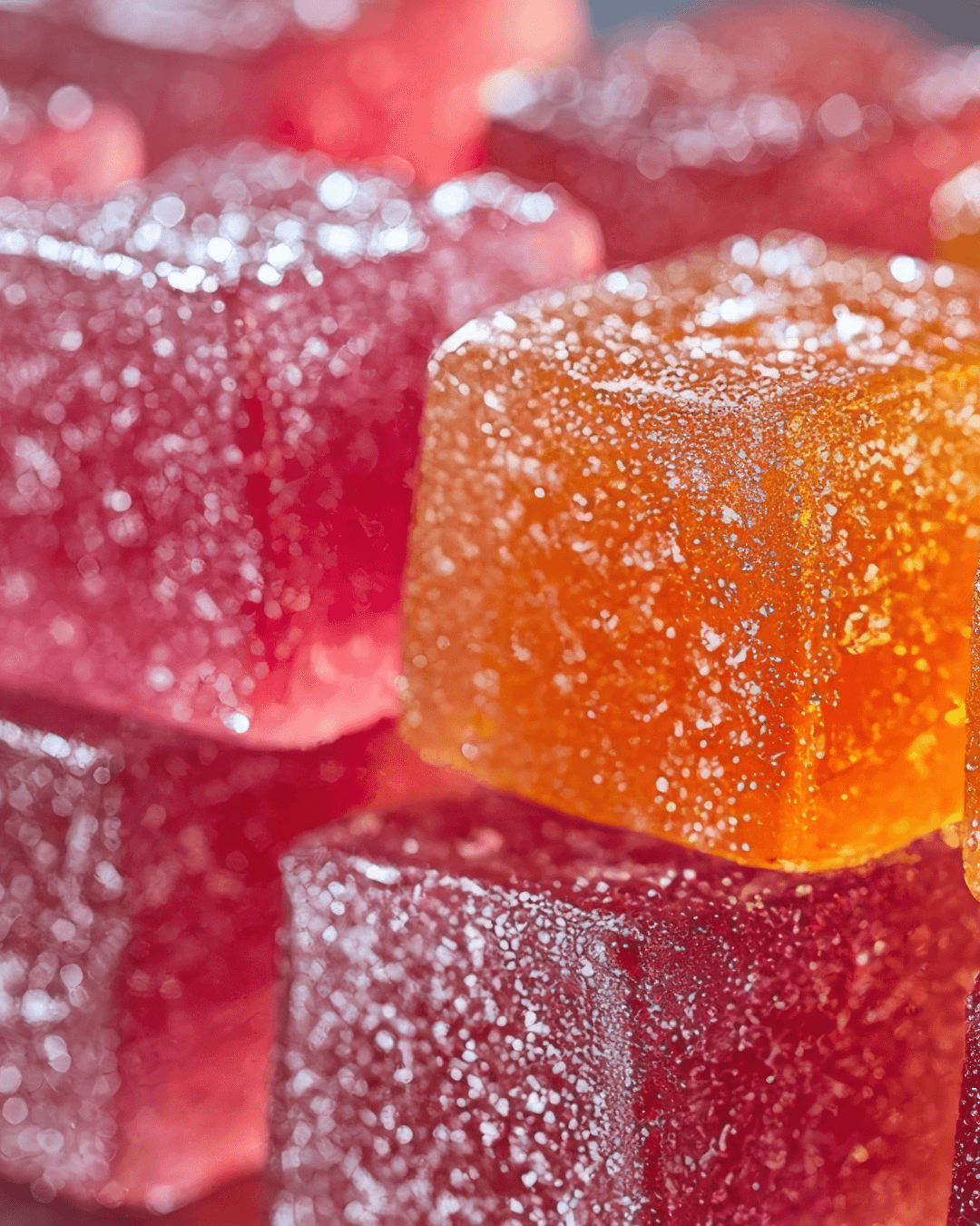 Close up of red and orange cube-shaped gummies stacked on top of each other.