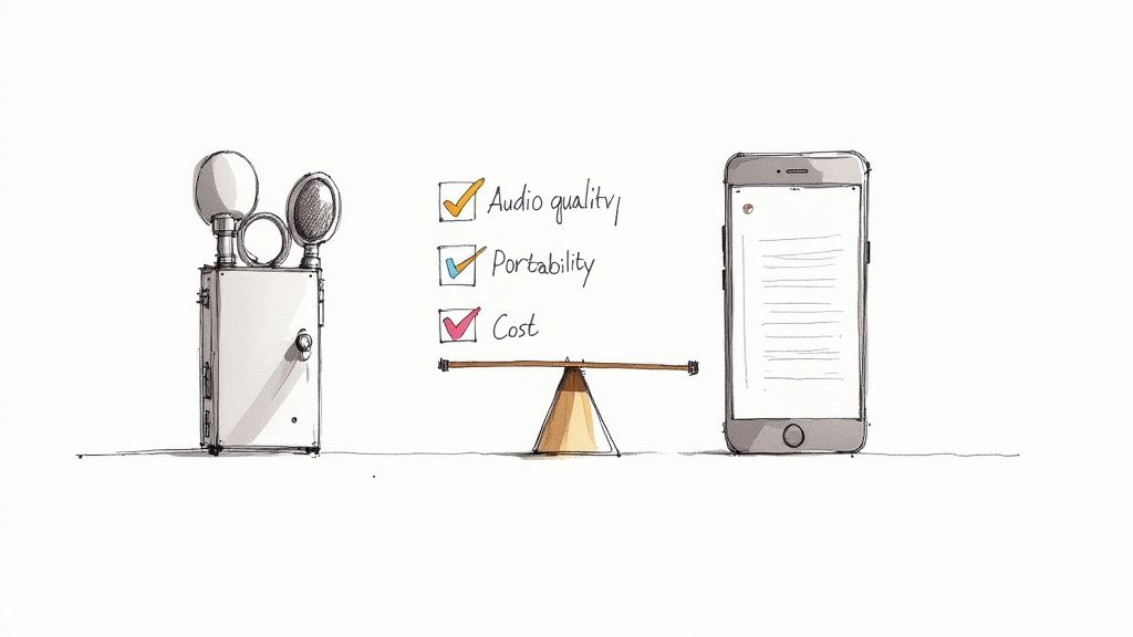 A person comparing a physical voice recorder to a smartphone app