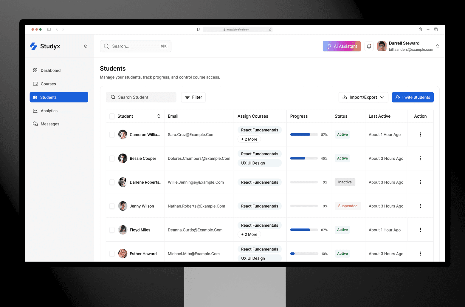 Studyx student management dashboard UI