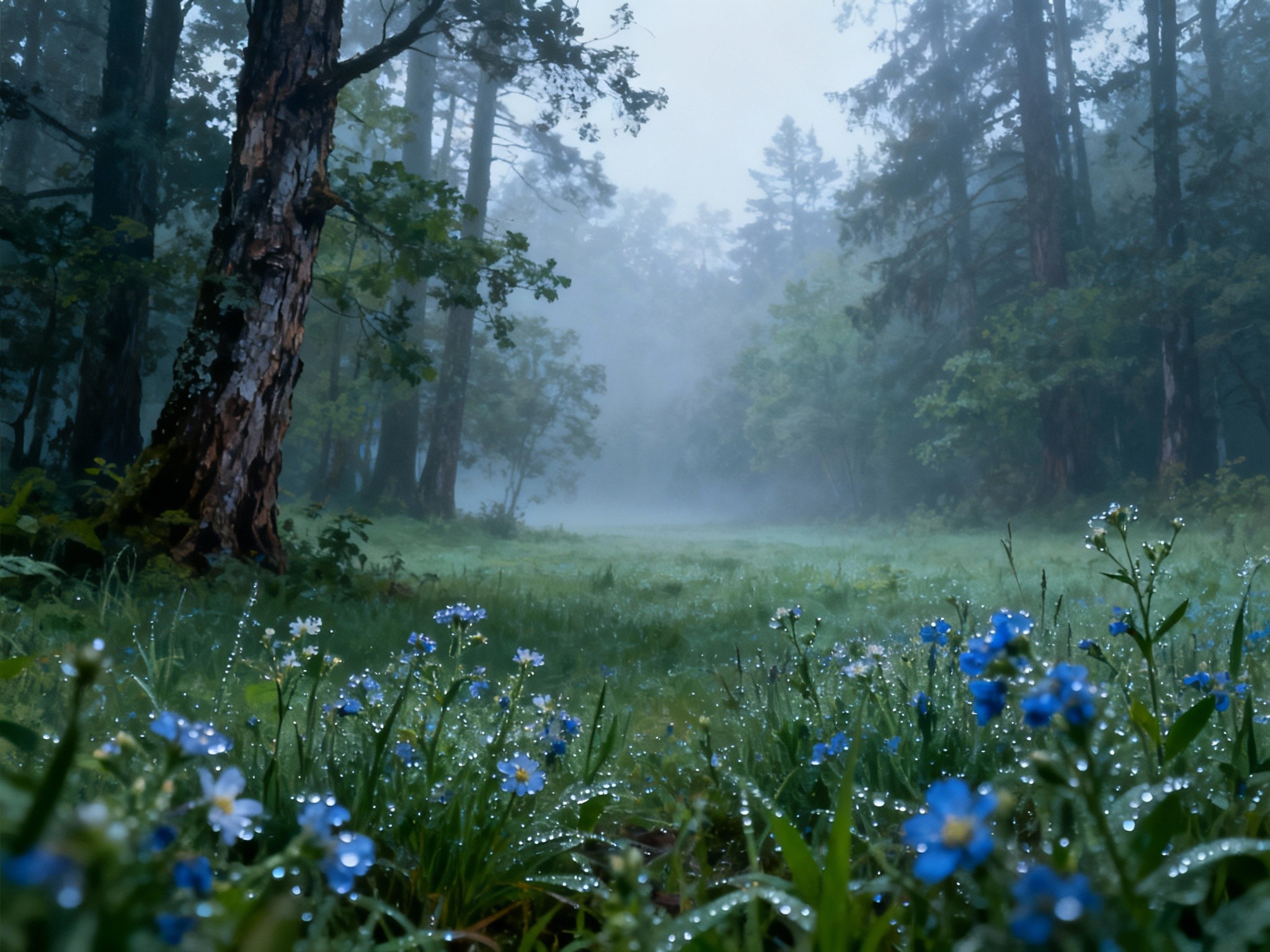 An early morning 35mm film photograph in a frame of a misty forest clearing with dew-covered