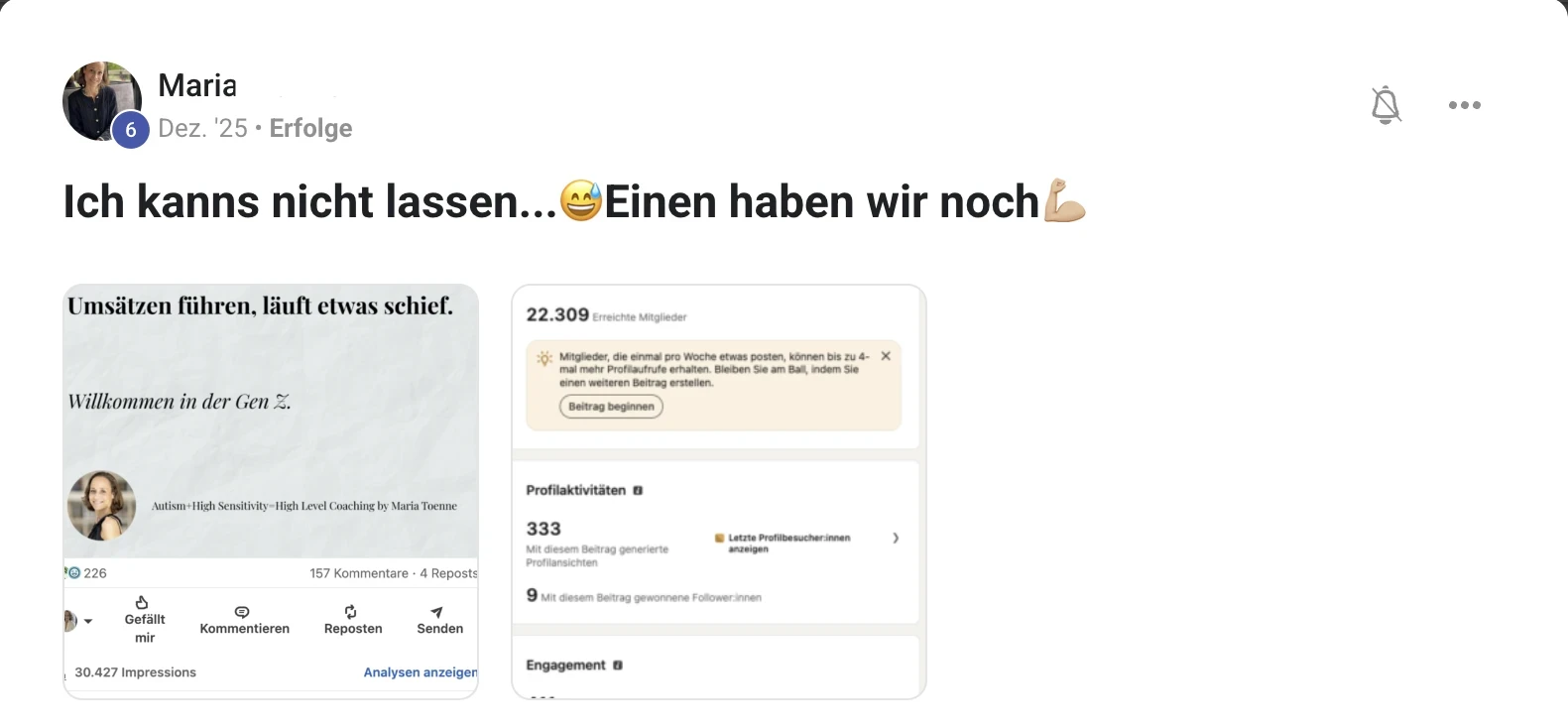 Kundenstimme KI Creator Akademie: Coachin Maria mit weiterem viralen LinkedIn-Post über 30.000 Impressionen