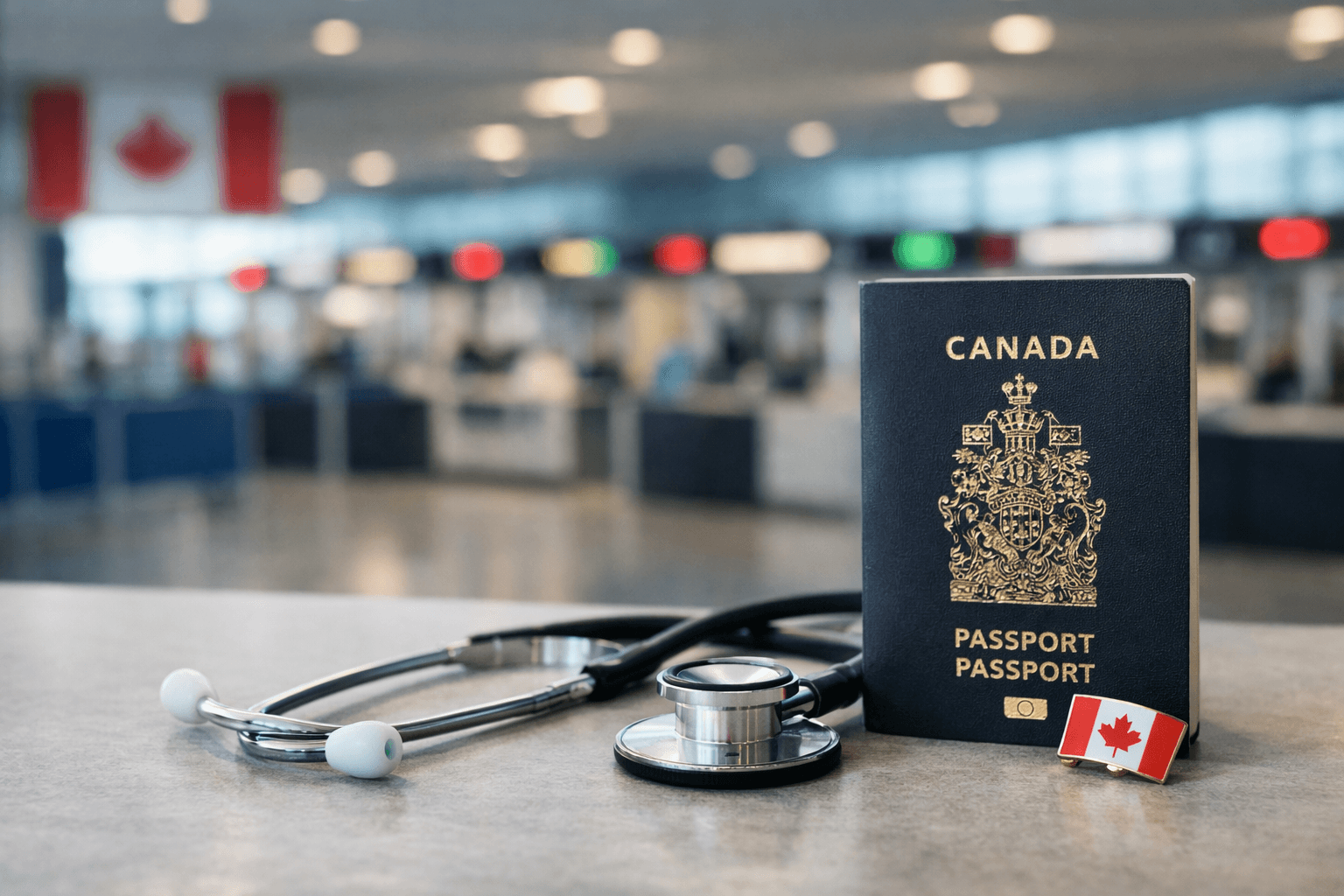 Photo-realistic banner showing a Canadian border setting with a medical stethoscope and Canada flag symbol, representing panel physician immigration medical exam processing after AOR by GTA Immigration Physicians