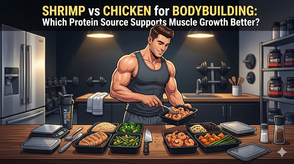 Detailed cartoon illustration of a muscular male bodybuilder in a gym-themed kitchen, actively portioning cooked shrimp and chicken breast into meal prep containers alongside rice and green vegetables. The background features dumbbells, protein powder, and gym equipment. A prominent text overlay reads: "SHRIMP vs CHICKEN for BODYBUILDING: Which Protein Source Supports Muscle Growth Better?"