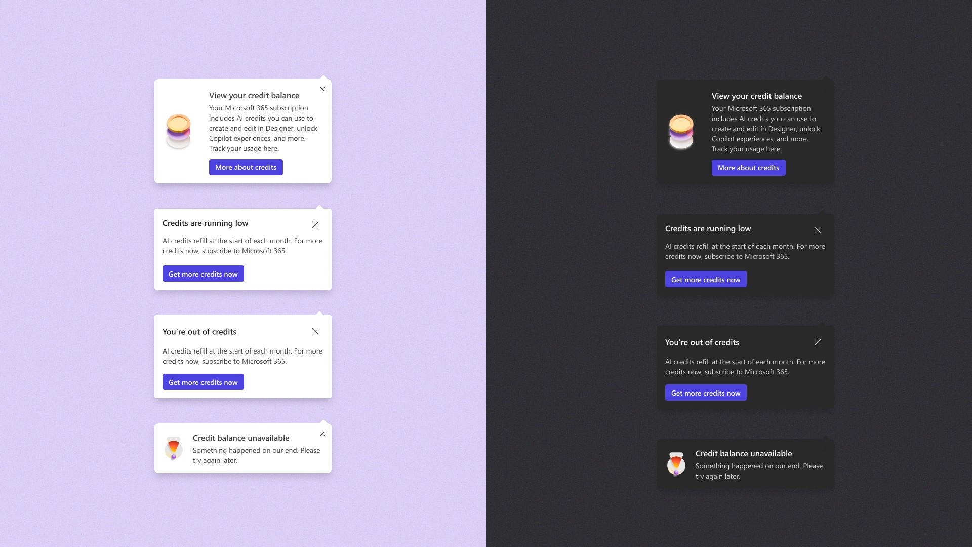 Various popover messages used throughout the AI credit lifecycle