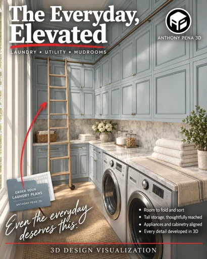 Concept cover of a blue-gray laundry room with tall cupboards, a rolling ladder and side-by-side machines.