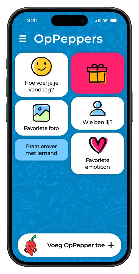 Het startscherm van de app.