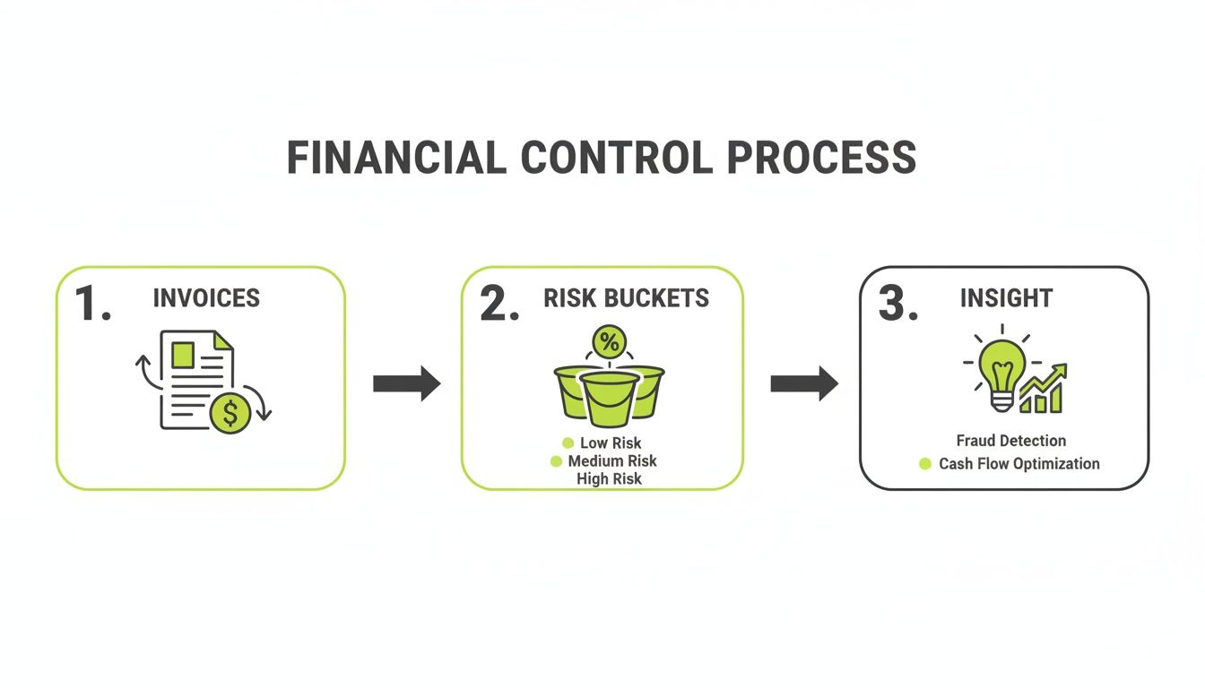 Flowchart illustrating the financial control process from invoices to risk assessment and business insights.