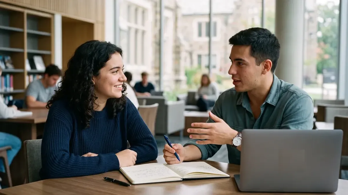 Dos estudiantes conversan sobre sus opciones de formación en una sala de estudio con un portátil y un cuaderno