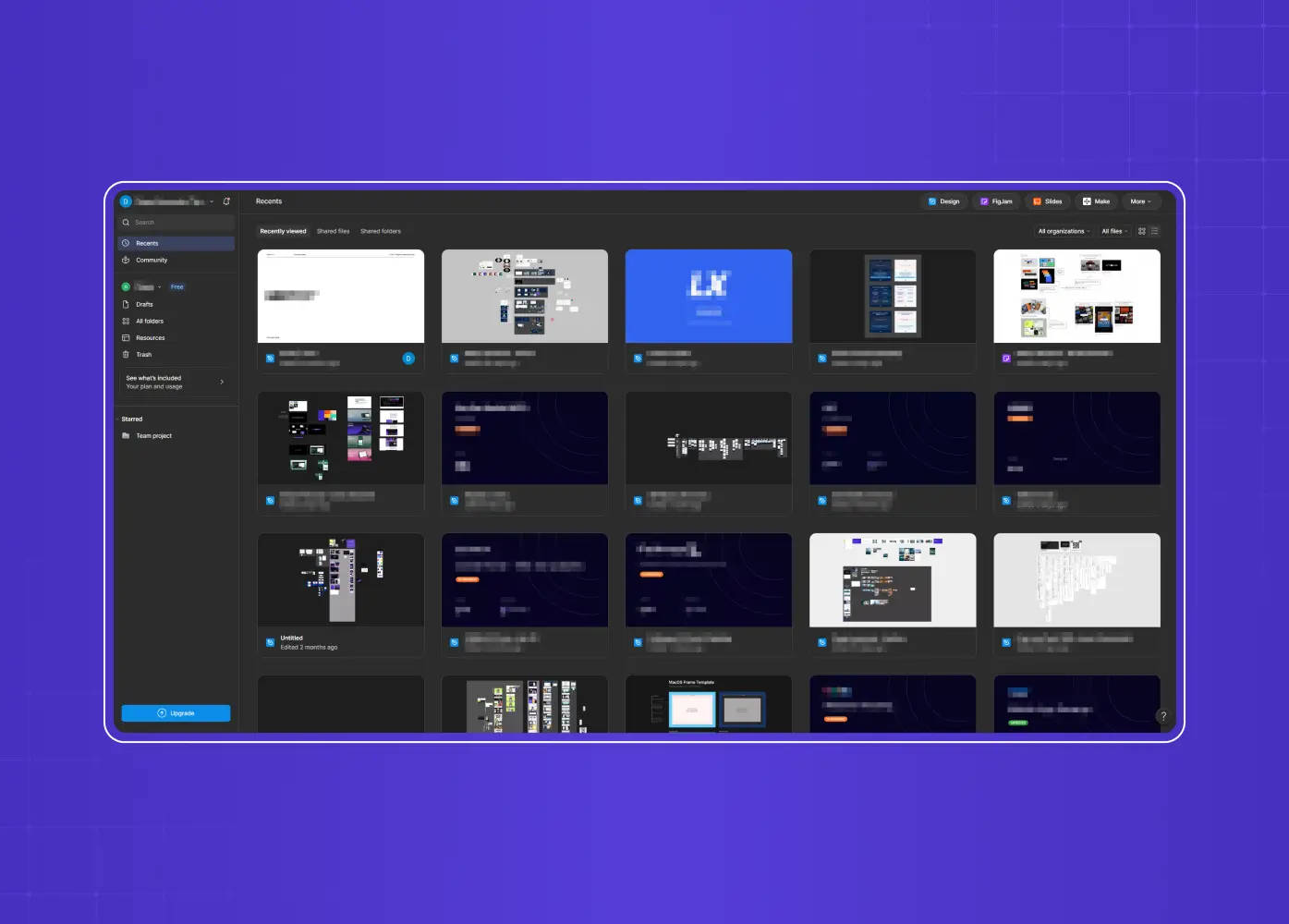 Dark-themed design workspace showing a grid of recent projects and design files in thumbnail cards.