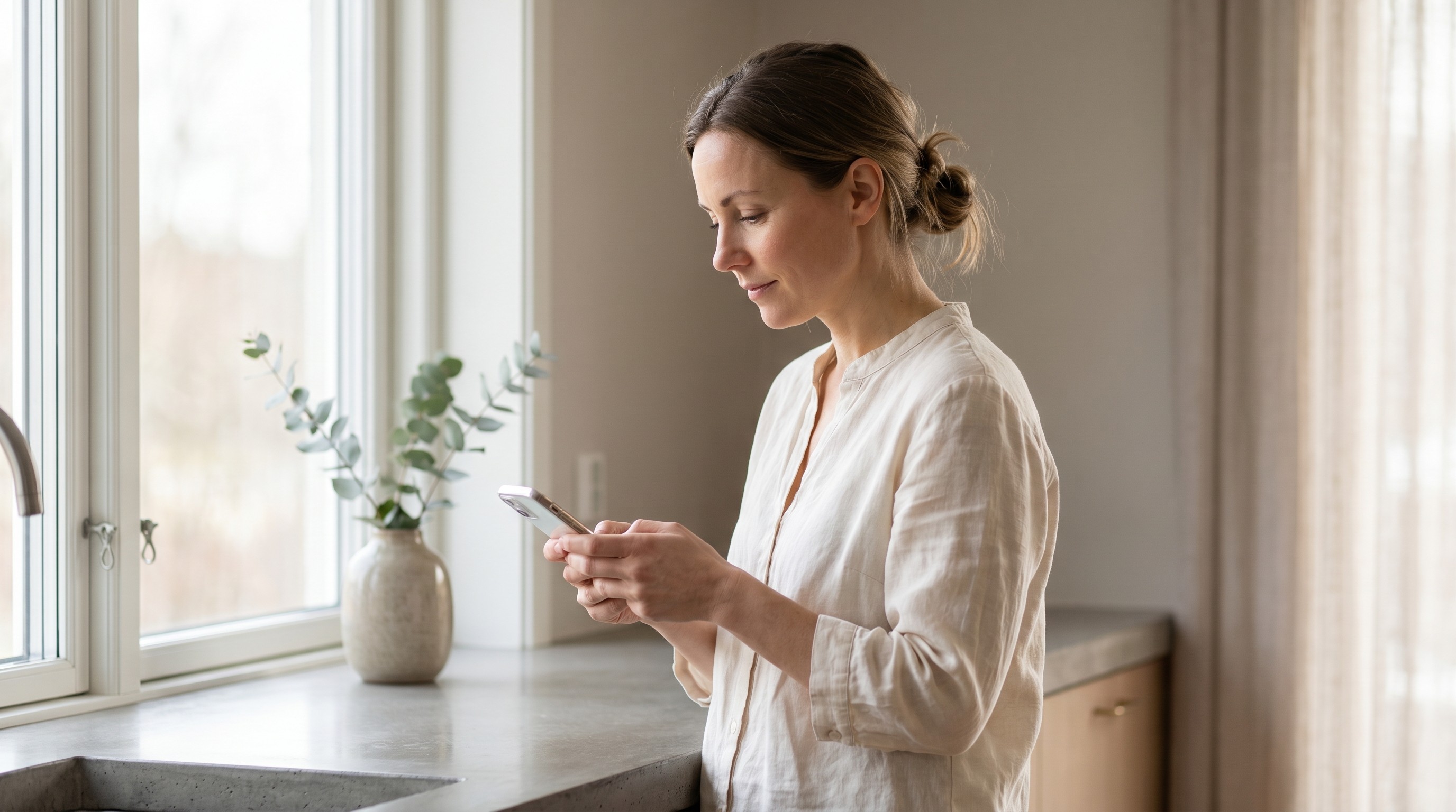 Woman in soft daylight looking thoughtfully at an old photo on her phone near a minimalist kitchen window