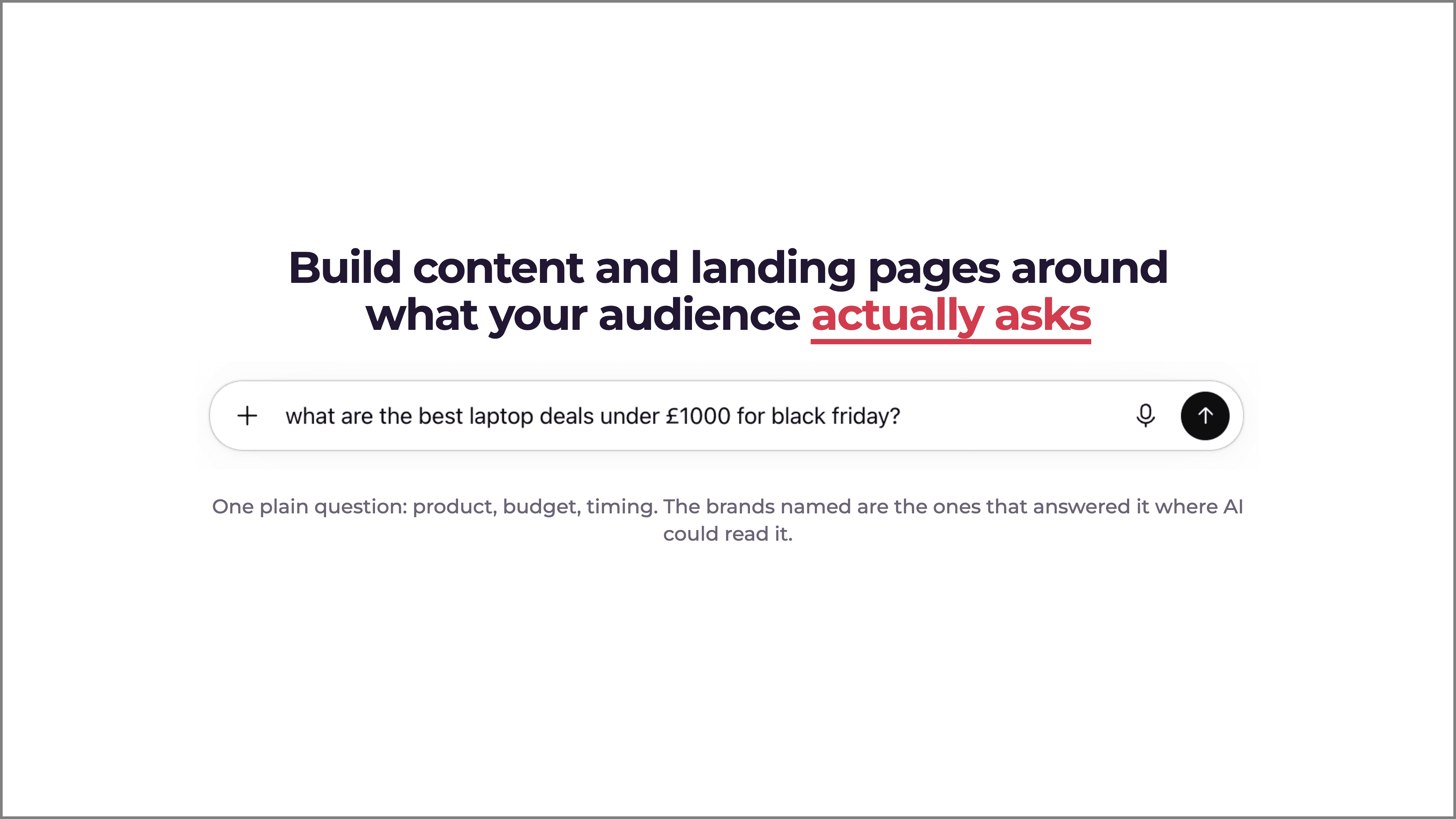 AI chat prompt asking for the best laptop deals under £1,000 for Black Friday, a plain question with product, budget and timing.