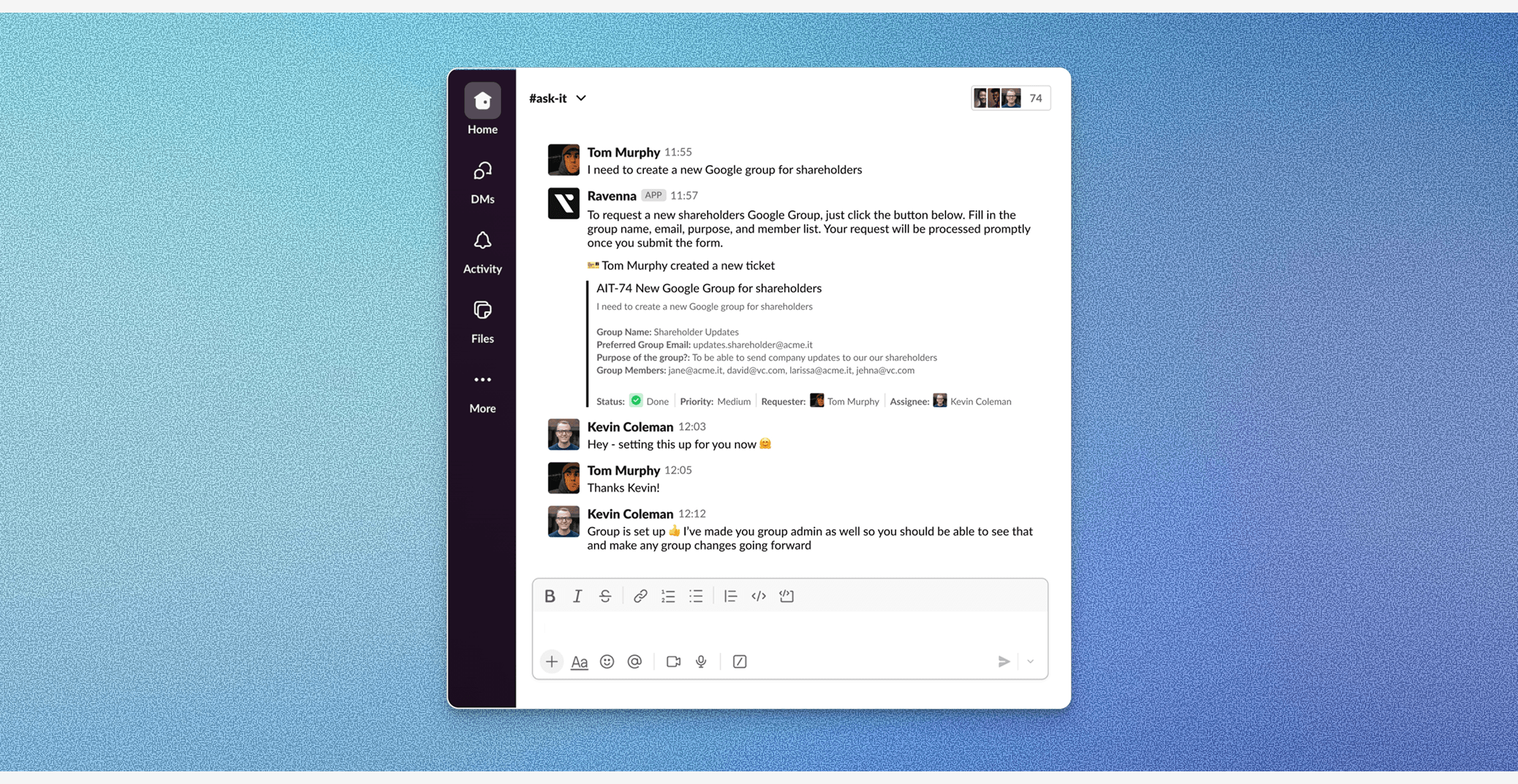 How a Slack helpdesk automation creats a ticket/turns a DM into a ticket