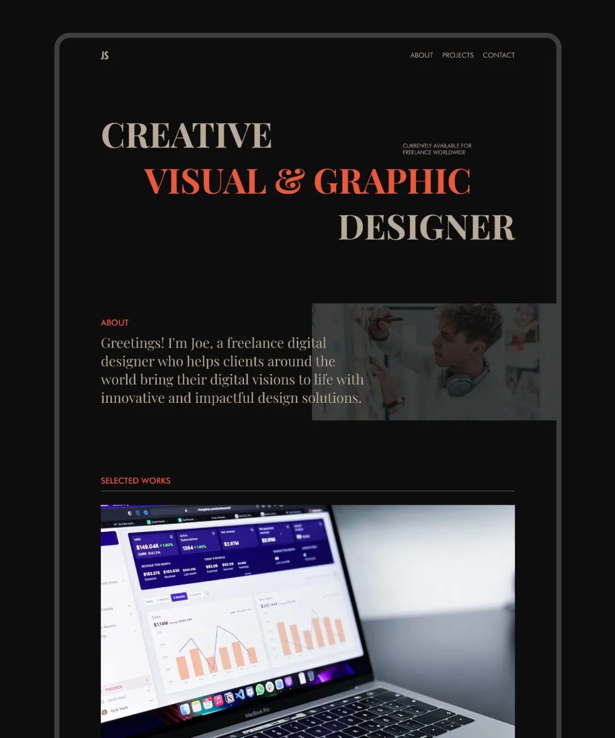 A sleek website portfolio for a creative visual and graphic designer featuring a bold, modern layout with sections labeled "About" and "Selected Works," including a professional image of a designer at work and a close-up of a laptop displaying interactive charts and graphs.