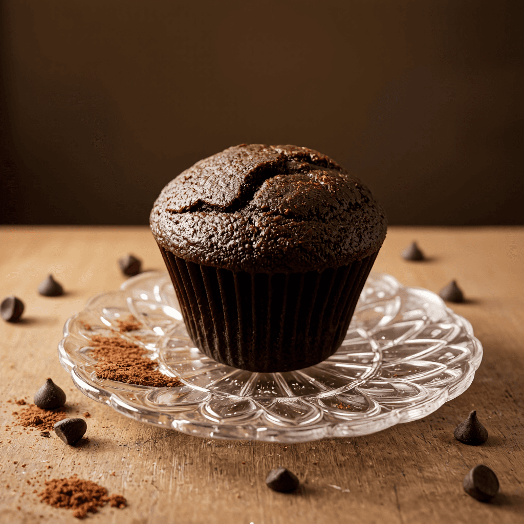 product photography of a chocolate muffin on a decorative plate